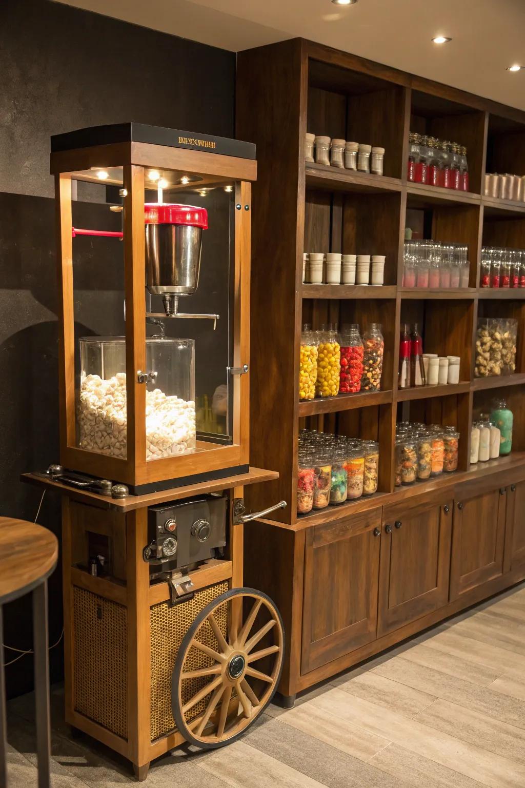 Transform your area into an enchanting cinema treat corner with this vintage popcorn apparatus setup.