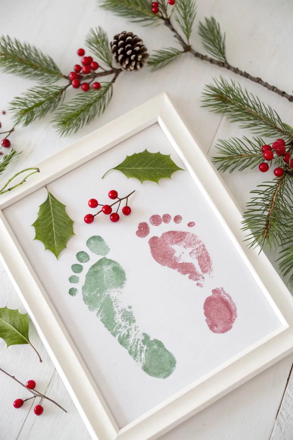 Encapsulate holiday sorcery through bespoke bough footmark art—a charming memento for parents.