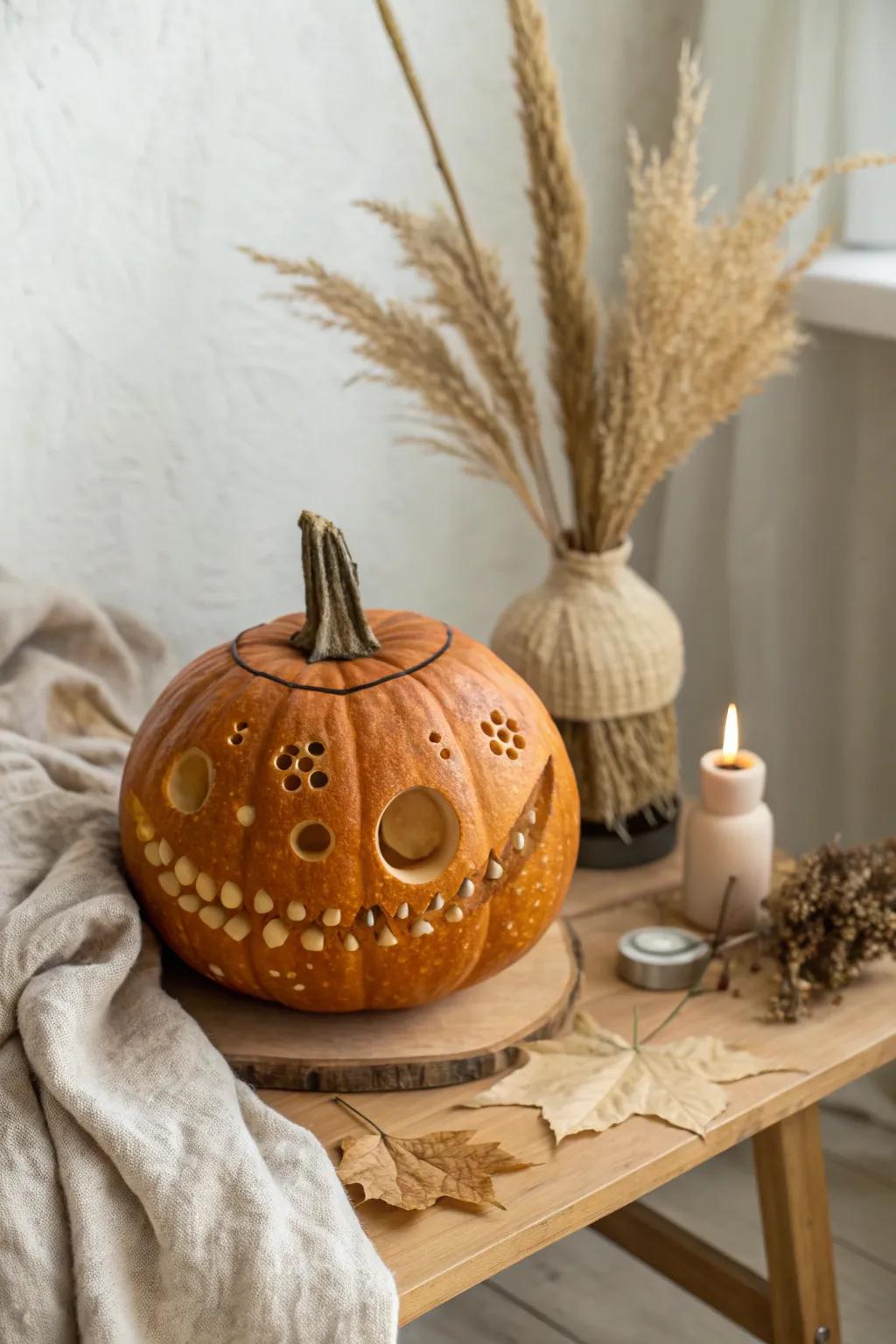 Embrace the charm of inherent imperfections through a pumpkin that smiles back.