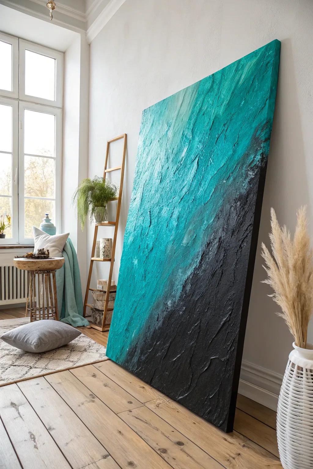 Elevate your area with striking contrast: a stunning fusion of turquoise and charcoal in fabric painting.