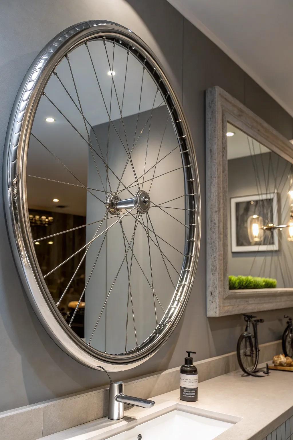 Revolutionize your expanse via a singular Bicycle Rim Looking Glass, indicative of a contemporary, industrial vanguard.