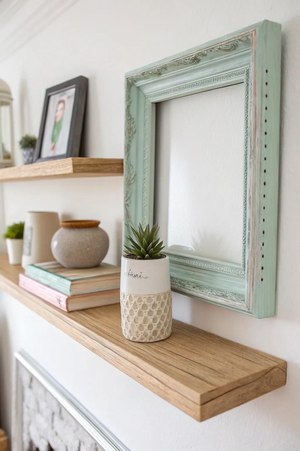 Transform vintage frames into chic shelves – a perfect fusion of minimalism and boho charm.