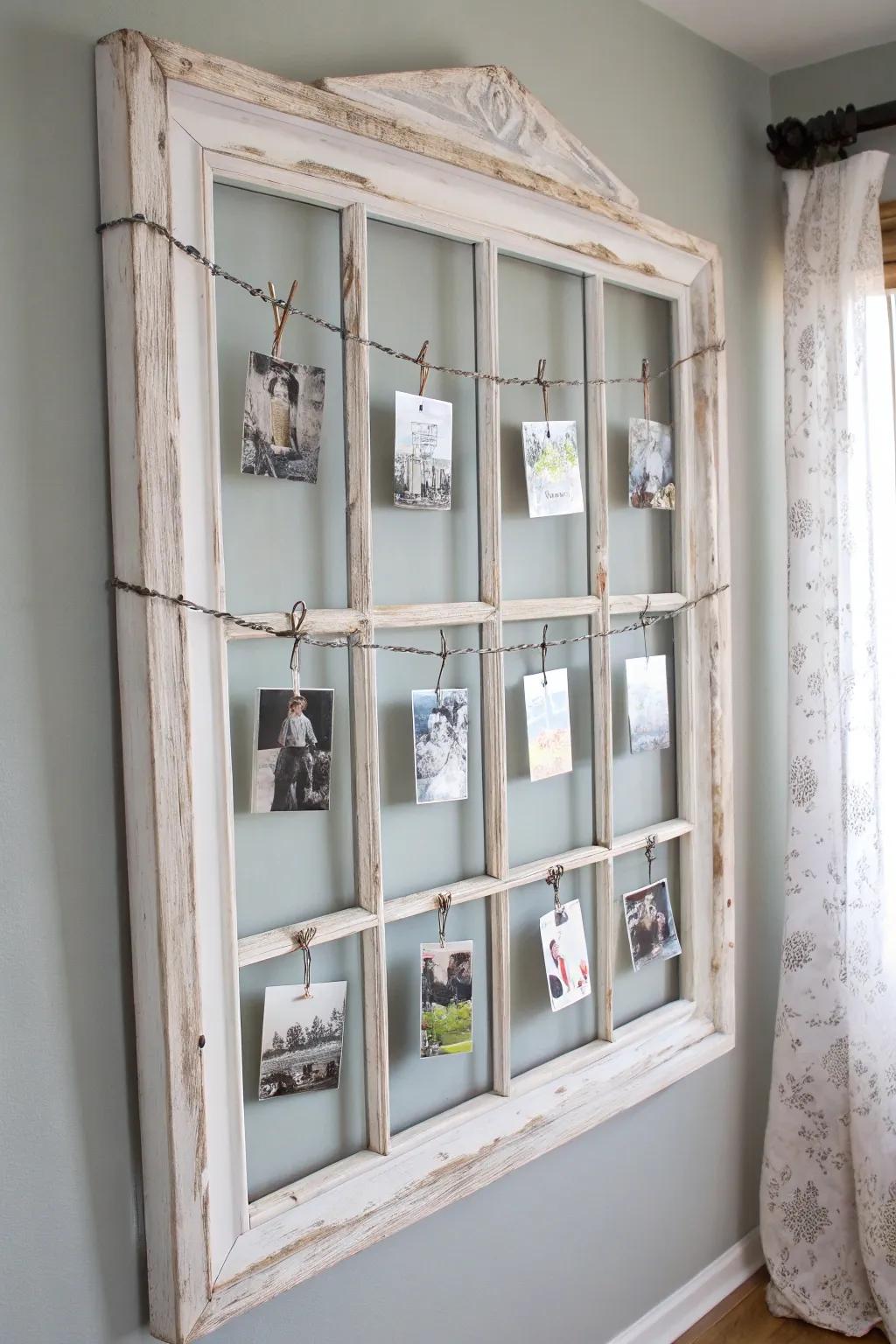 Transmute an antiquated fenestration frame into a chic photo display that encapsulates cherished recollections featuring minimalist elegance.