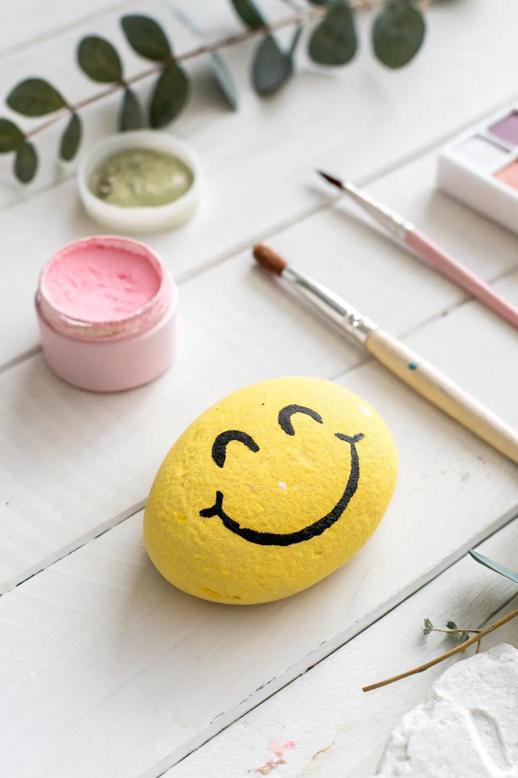 Bring joy with simple emoji rock art—where minimalism converges with playful creativity!