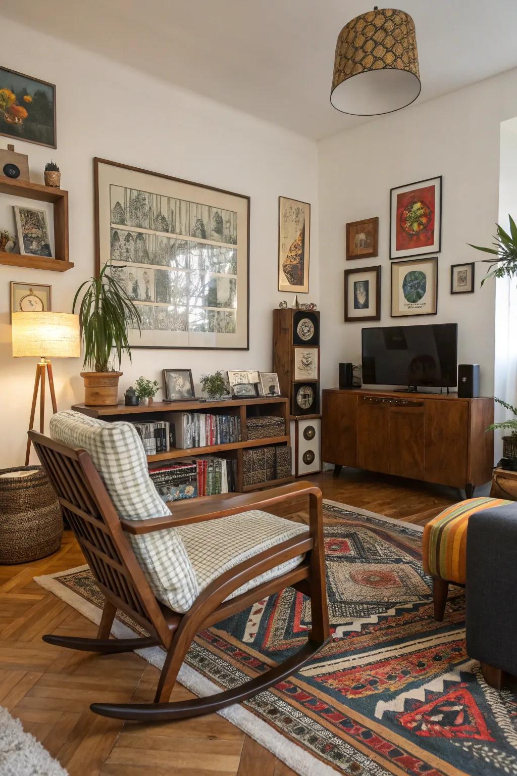 A diverse space showcasing a rocking chair and a medley of decor styles.