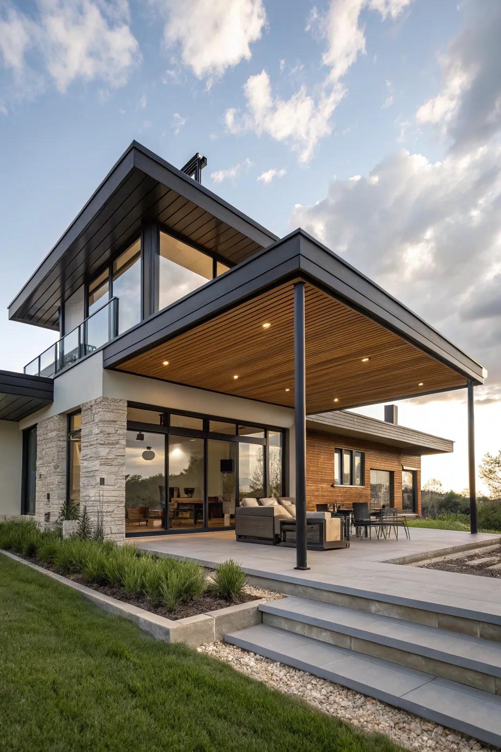 An overhanging roof adds a modern, suspended effect to your home.