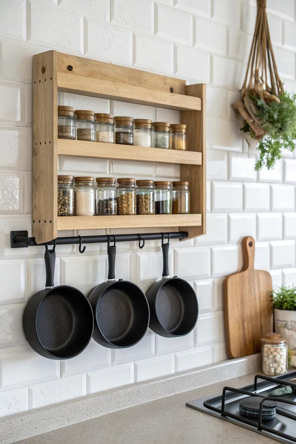 Elevate your kitchen's style and functionality by utilizing wall space with chic storage solutions.