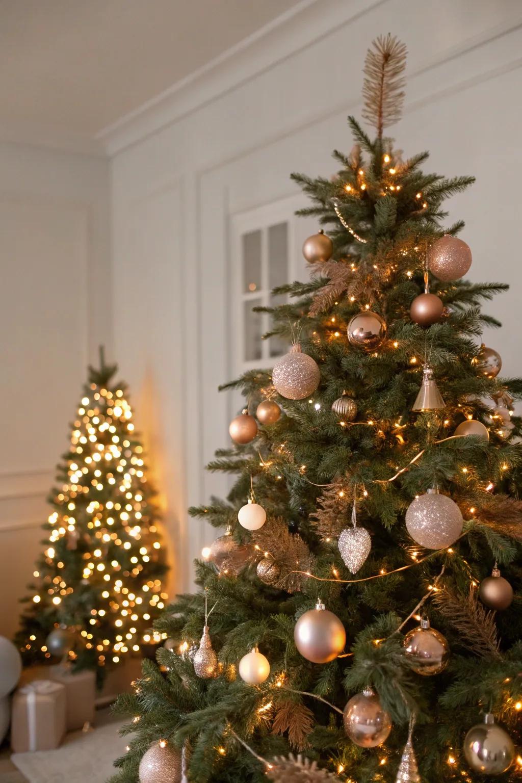 Comforting ivory illumination heightens the radiance of rose gold decorations.