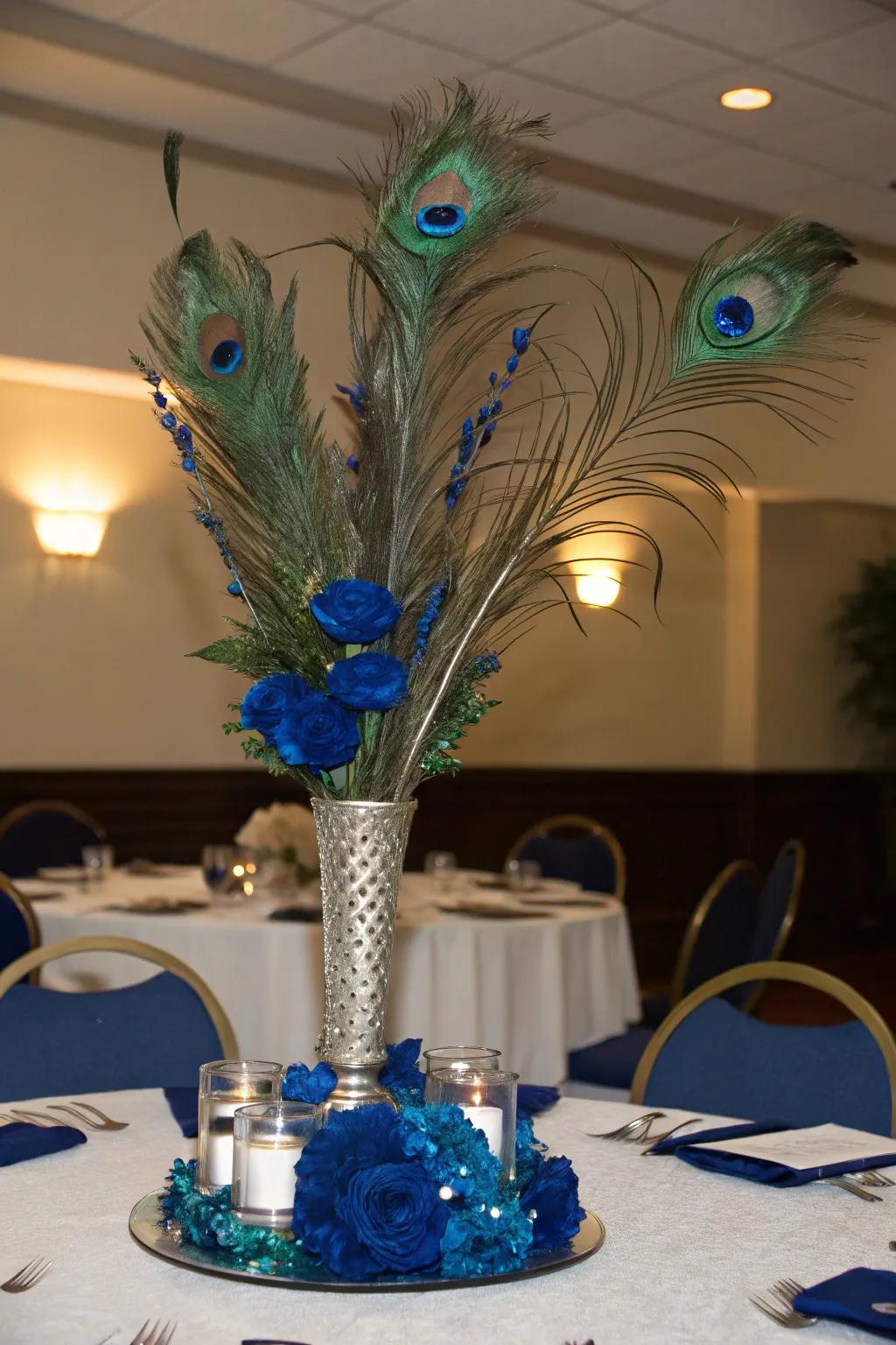Peacock plumes paired with royal blue fashion a vibrant and regal centerpiece.