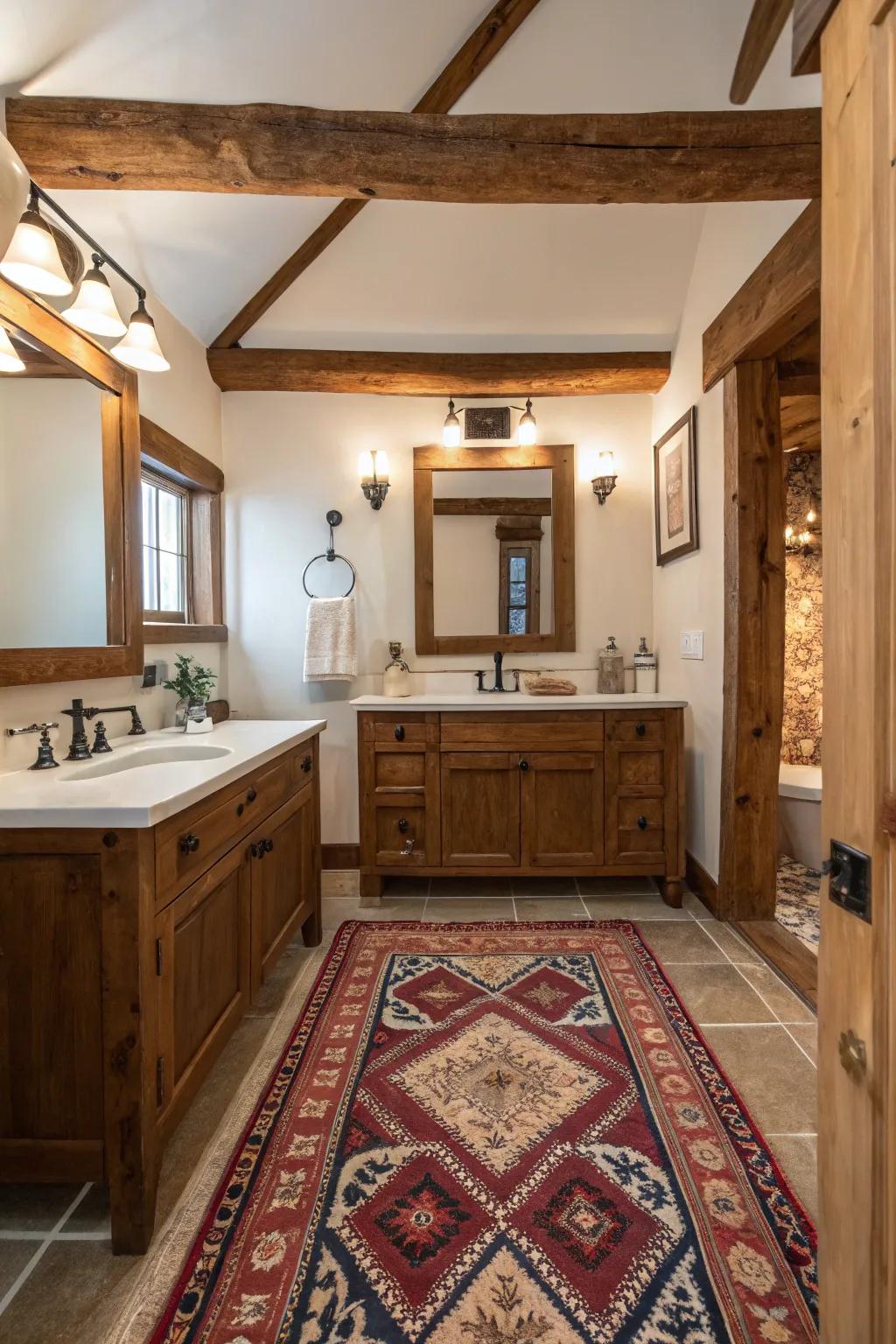 A country bathroom that features a patterned rug located in front of the vanity.