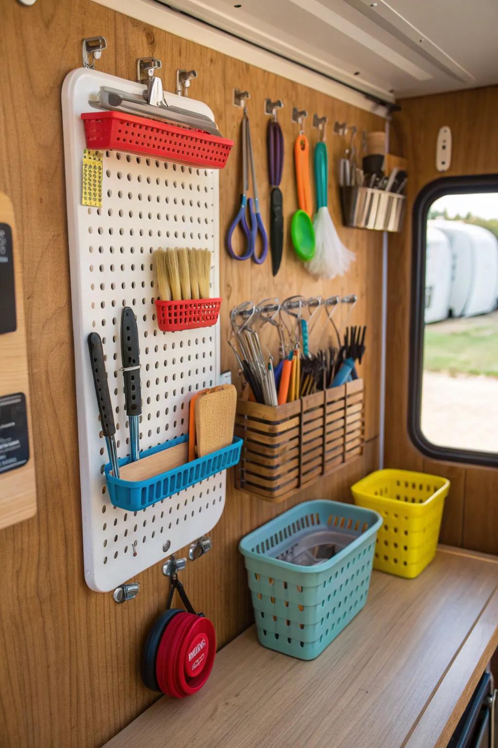 Revamp your RV space with adaptable slatted board organization. #RVHacks #OrganizedLiving