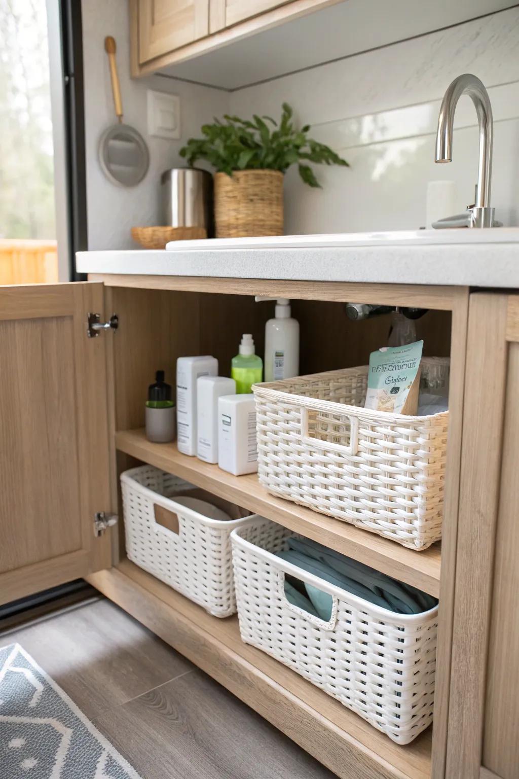 Revamp your RV kitchen with graceful sub-sink storage solutions that effortlessly combine elegance and functionality.