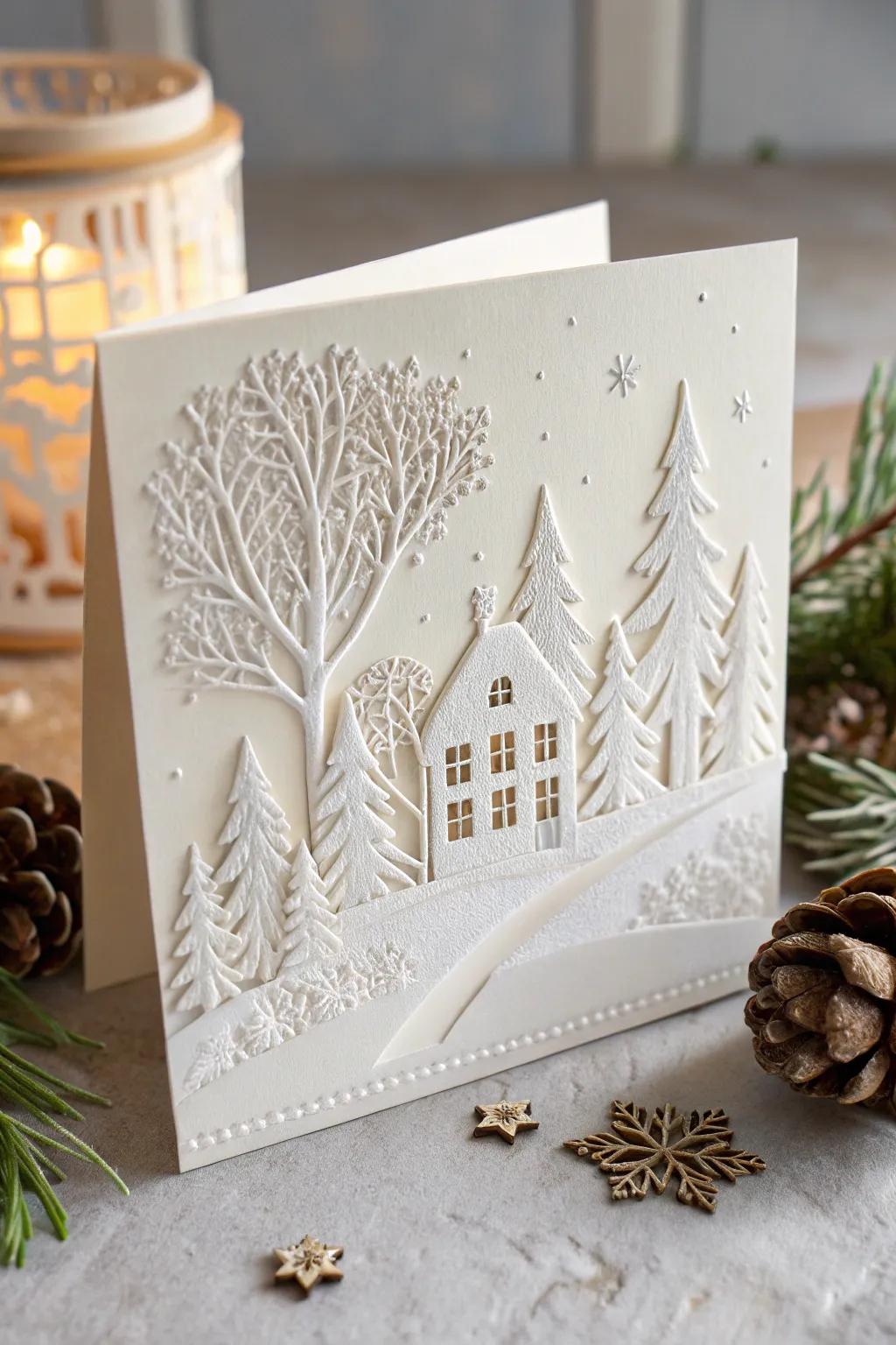 Fashion your personalized serene wintertide vista via stencils for an enchanting holiday greeting that captures the quintessence of minimalist sophistication.