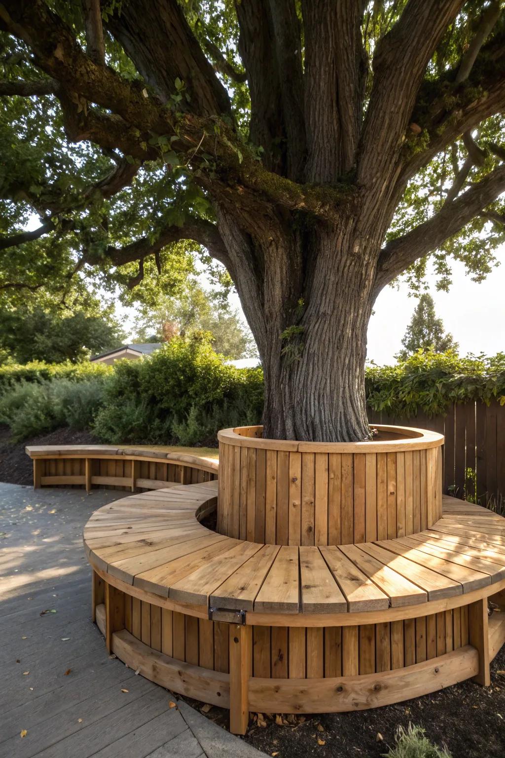 Build a calm haven featuring a tree-enclosing chair fashioned from leftover decking planks.