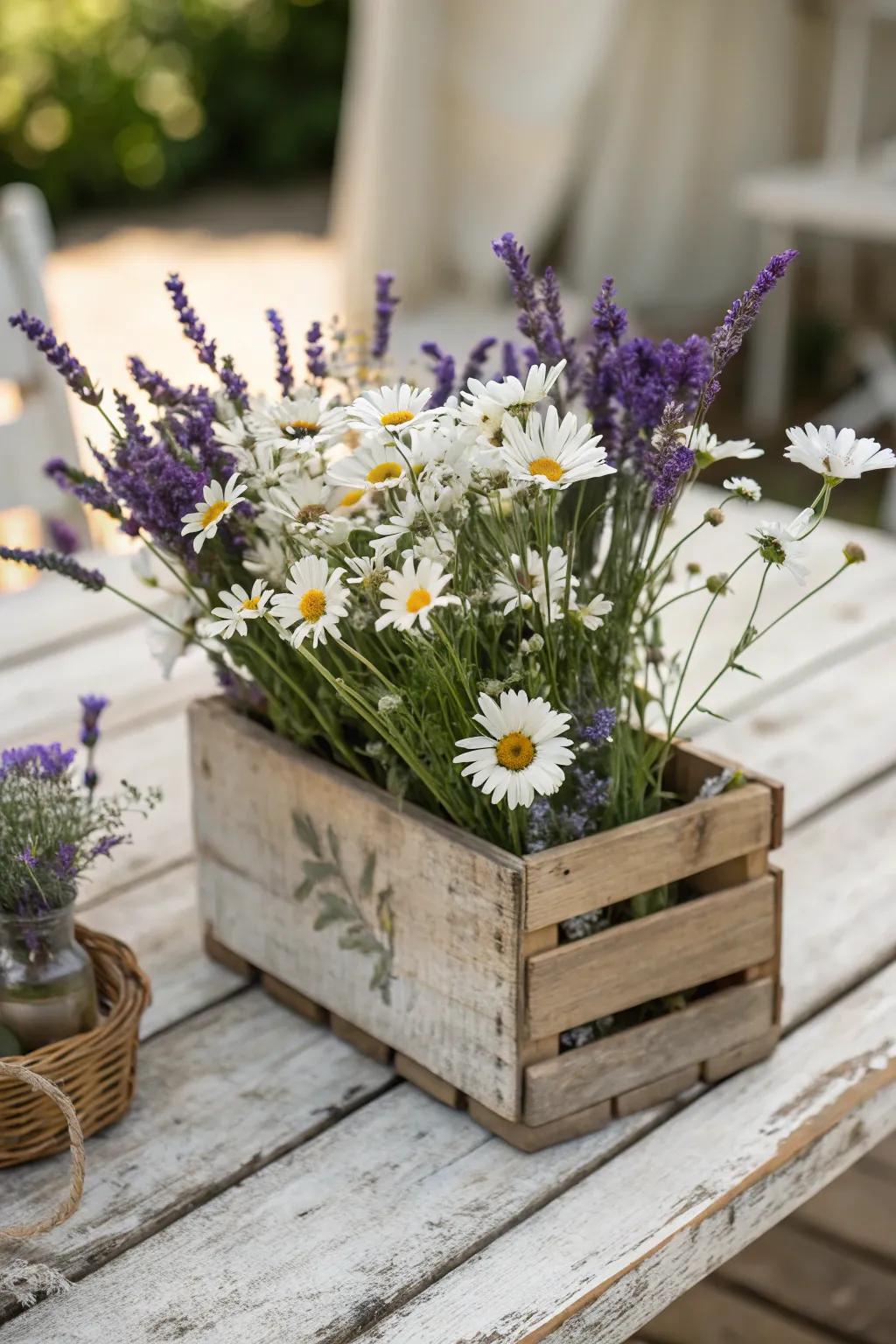 A box of daisies and lavender invokes a farmhouse charm.
