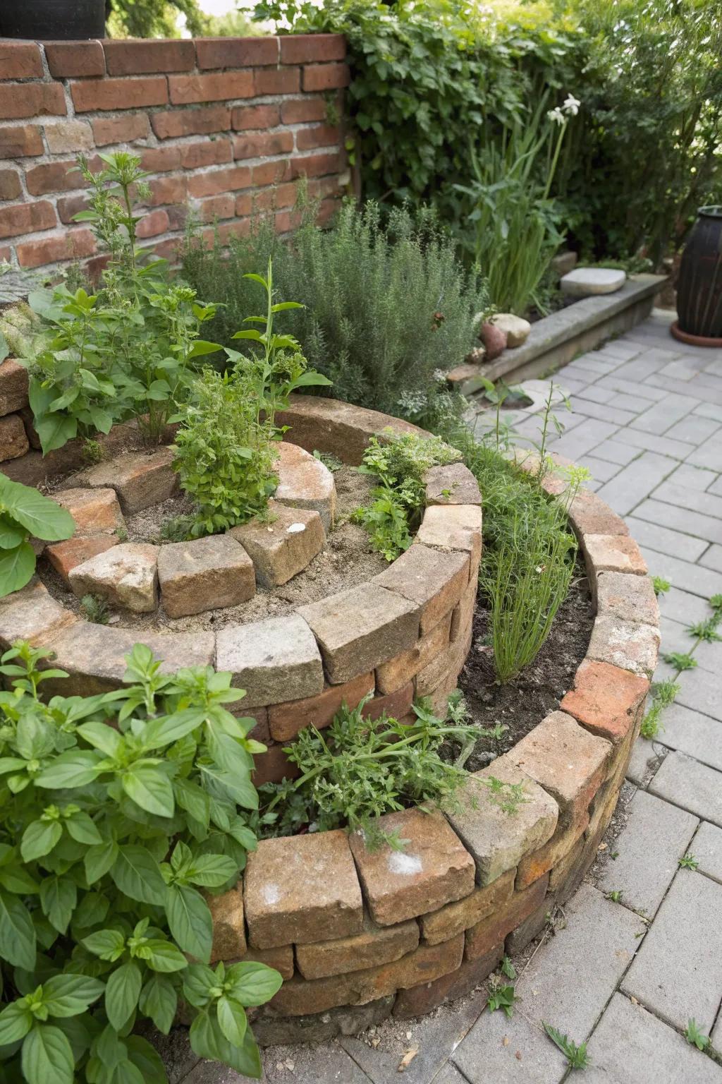 Revamp your petite backyard through a charming brick herb spiral, where straightforwardness converges with innate splendor.
