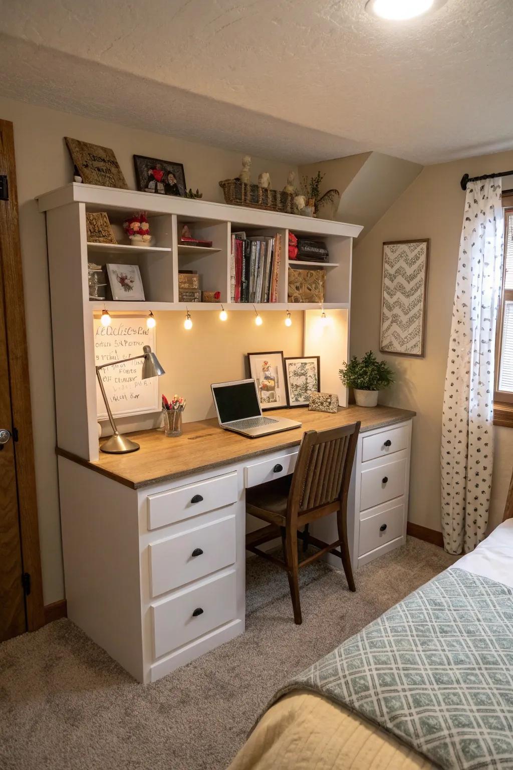 A dresser with an integrated desk optimizes area and function.