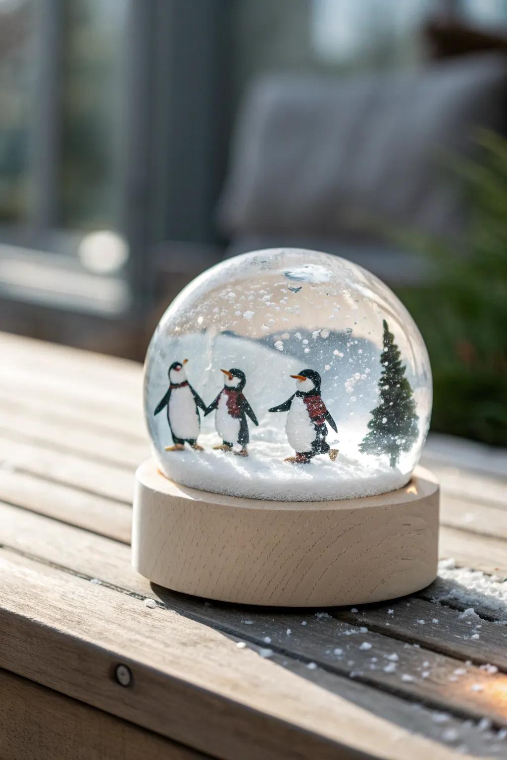 Revel in the whimsical allure of a Penguin Procession contained within an understated snowglobe.
