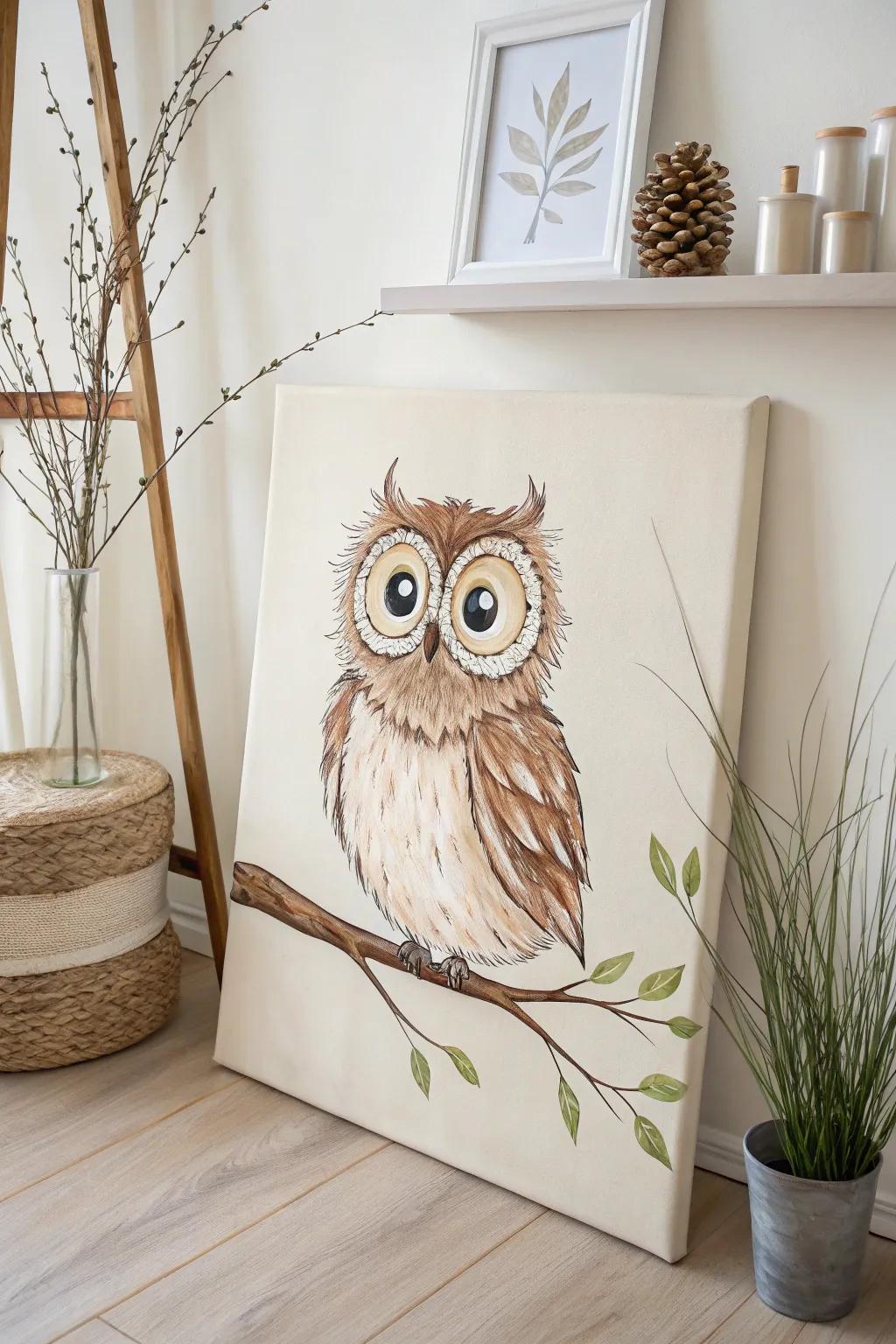 Add a playful detail to your décor with this whimsical, handcrafted painting of an owl—ideal for those who appreciate minimalist design with a hint of boho appeal.