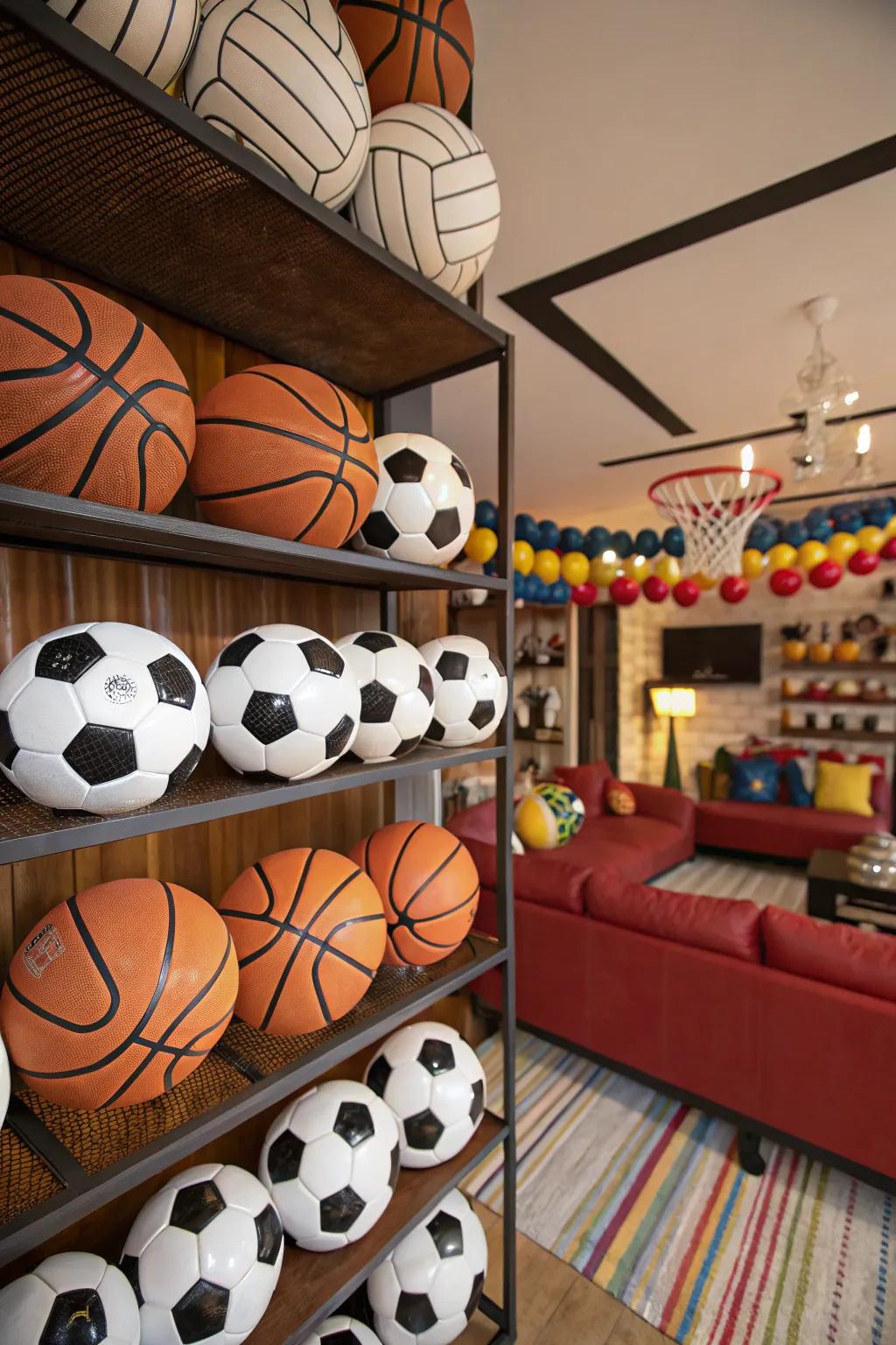 A multi-sport themed room featuring basketball and soccer elements.