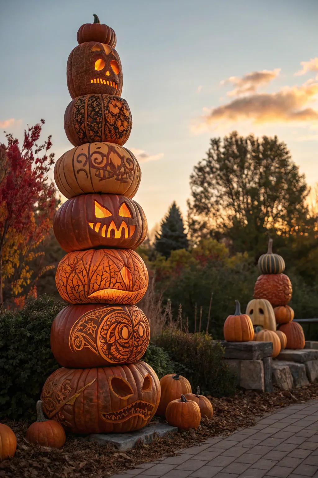 Elevate your autumn décor with these stunning stacked pumpkin carvings.