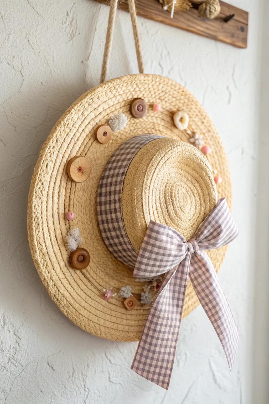 Cherish the allure of provincial refinement with this exquisitely crafted straw bonnet garland, where plainness encounters rustic loveliness.