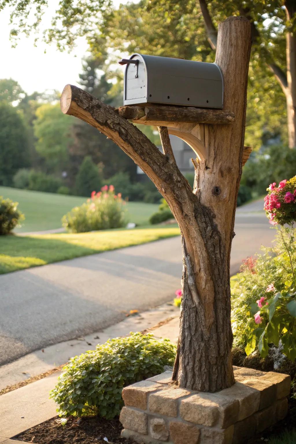 Embrace nature with an eccentric mail pillar fashioned from a toppled tree branch.