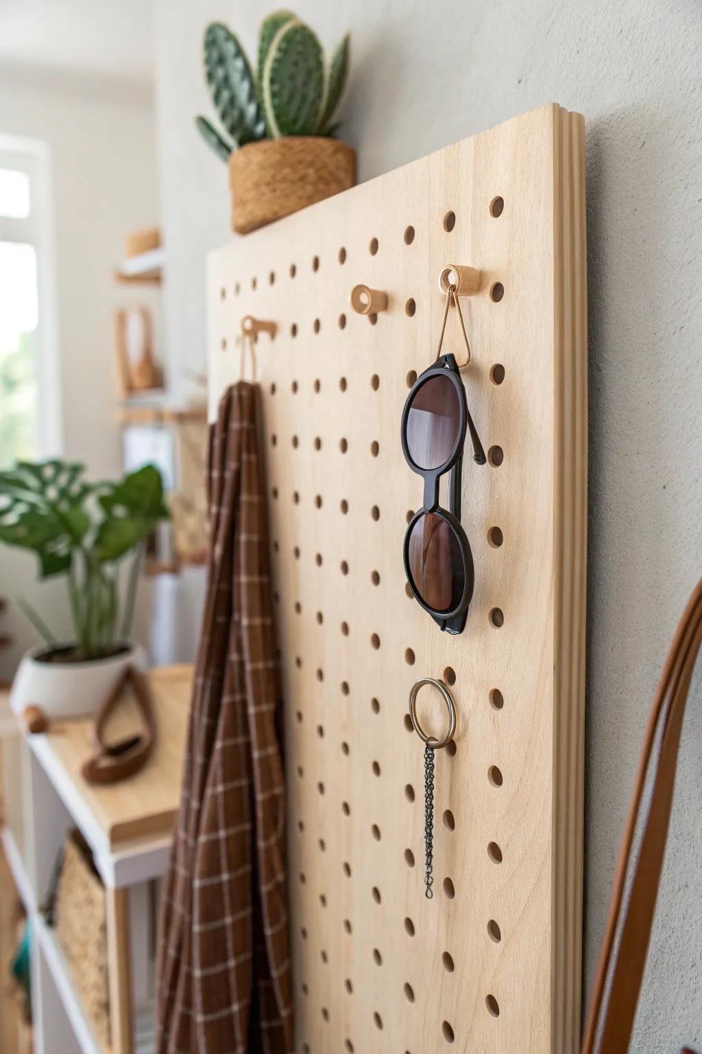 Elevate your storage with a minimalist wooden pegboard—where function meets natural beauty.