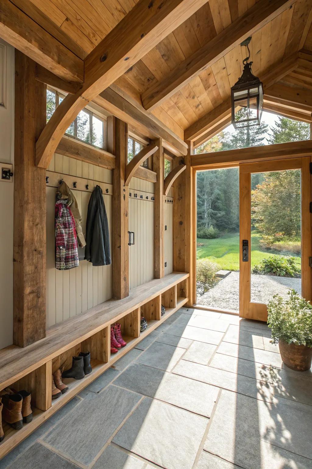 Transform your porch into a fashionable mud chamber through timber frame refinement.