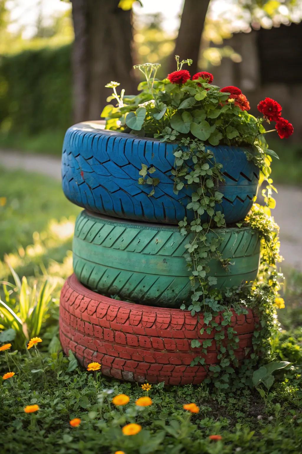 Turn your garden into an artistic sanctuary with a vibrant tire structure bursting with life.