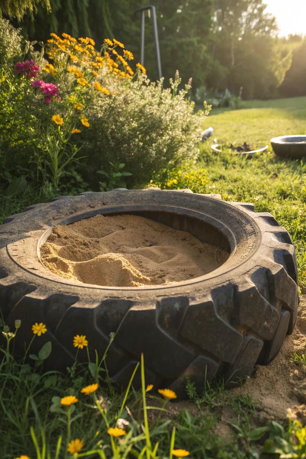 Reimagine playtime: A tire sandbox fosters limitless joy and innovation in your yard.