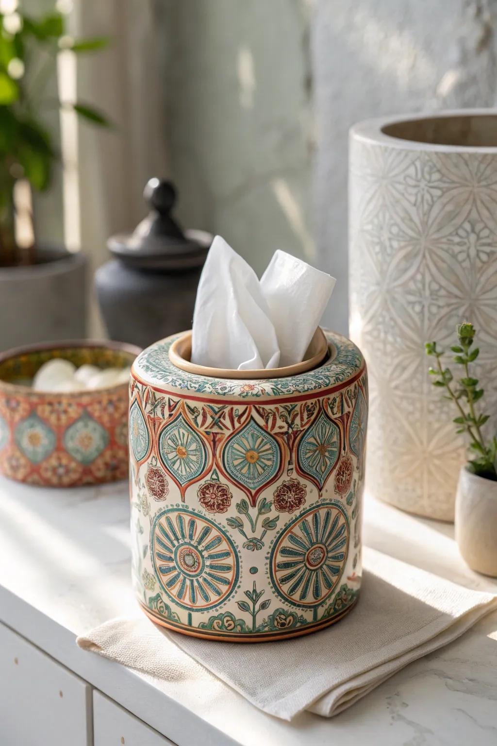 Elevate your area using a hint of artistry and straightforwardness - a vivid ceramic tissue holder that merges boho charm with minimalist sophistication.