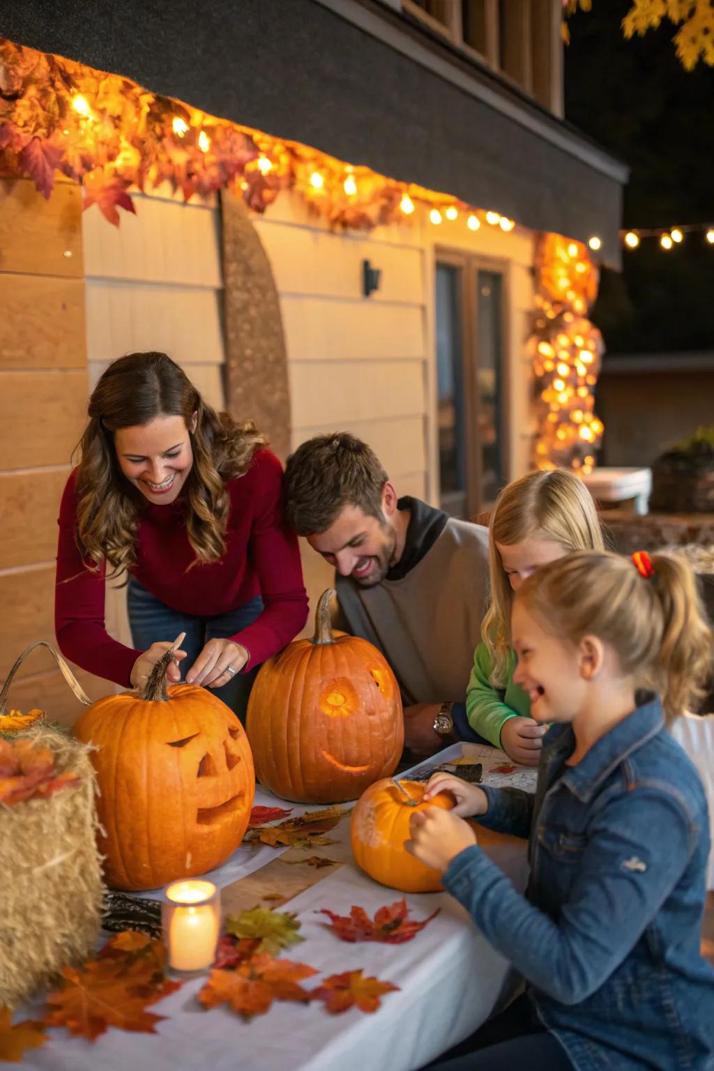 Family enjoyment through joint pumpkin decorating.