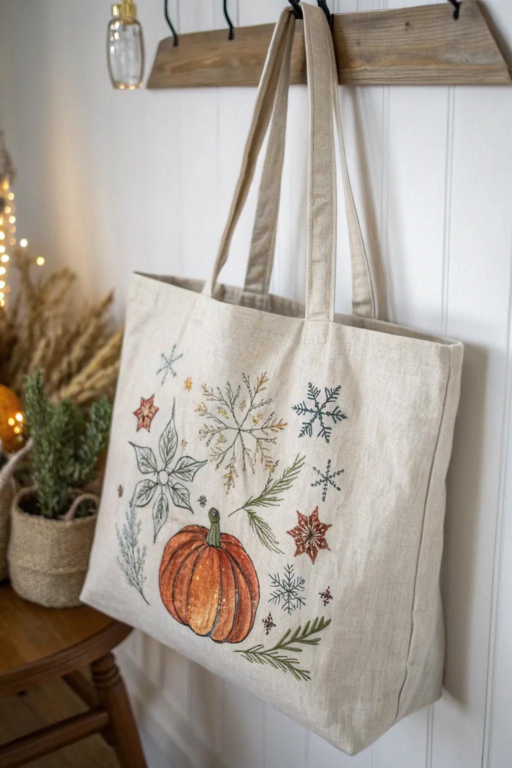 Celebrate the seasons with artistic elegance: A tote that adapts with nature's beauty.