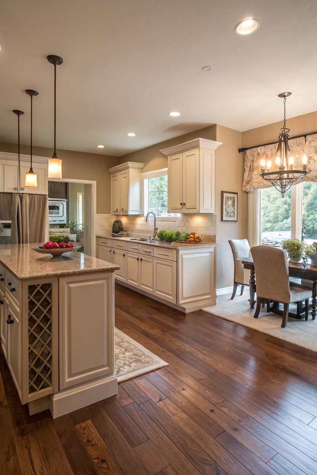 Cozy timber floors lend an inviting ambiance to this kitchen.