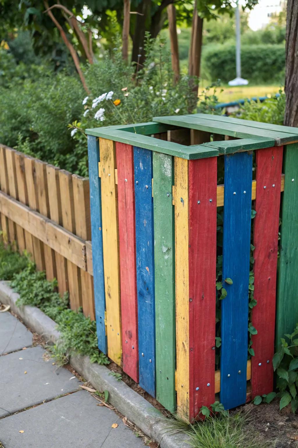 Reimagine your garden expanse with this animated hued pallet barrier, where practicality converges with artistry.