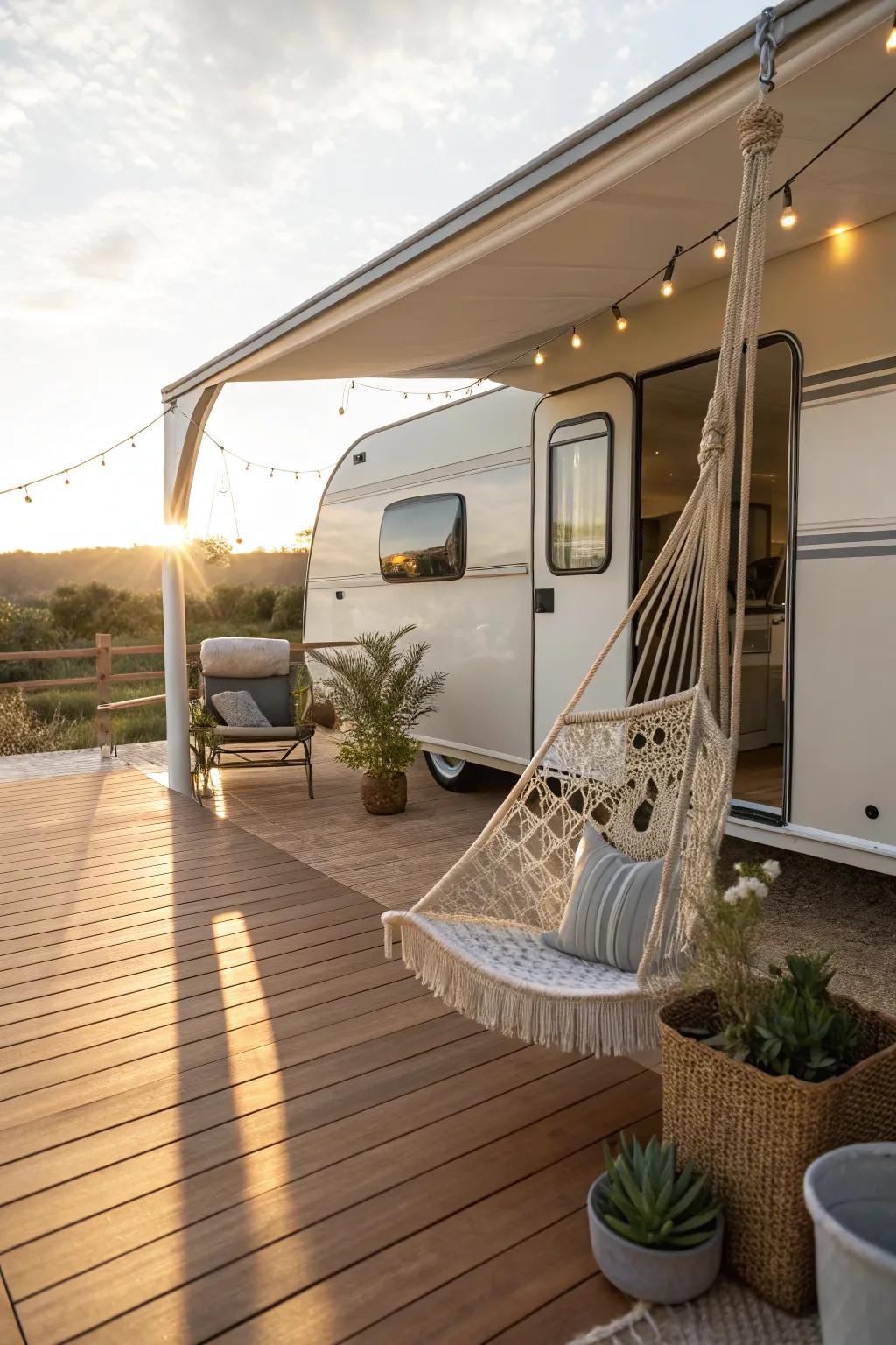 Welcome sustainable elegance using an eco-conscious composite terrace for your RV adventures. 🌿✨ #ScandiBoho #SustainableTravel