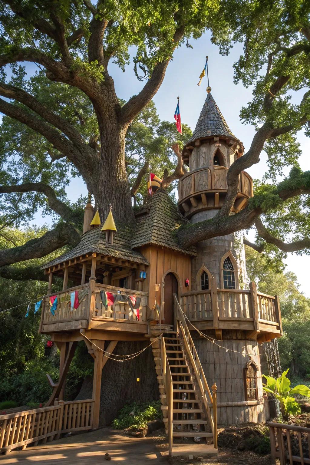 A storybook citadel nestled amidst the arboreal expanse, where dreams of escapade materialize.