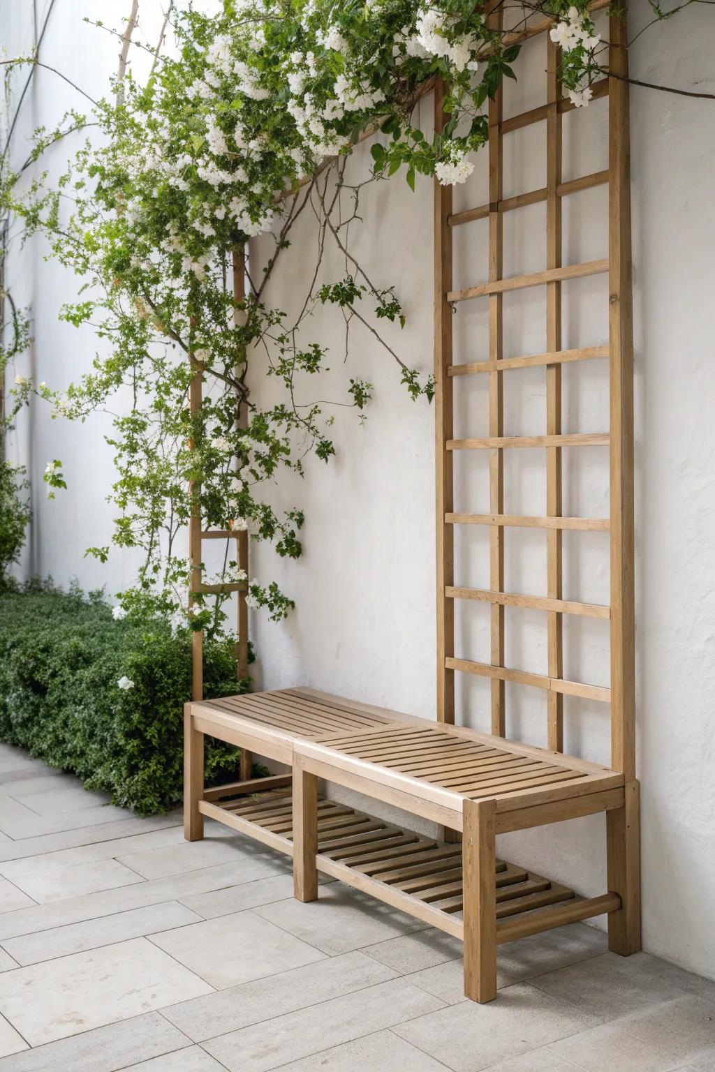 Find tranquility in this serene trellis bench combo, where simplicity meets natural beauty.