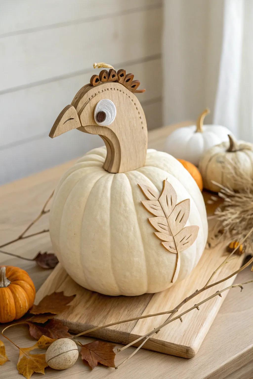 Embrace rustic charm with a Scandinavian inflection: Craft your pumpkin turkey with timber accents.