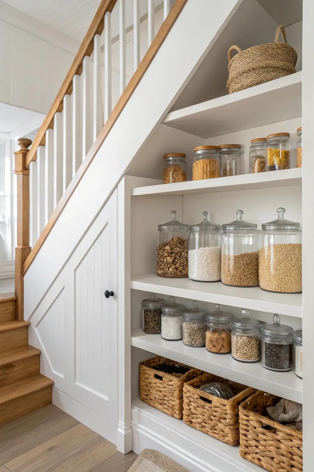 Embrace simplicity and natural beauty with glass vessels for a stylish and organized under-stairs pantry.