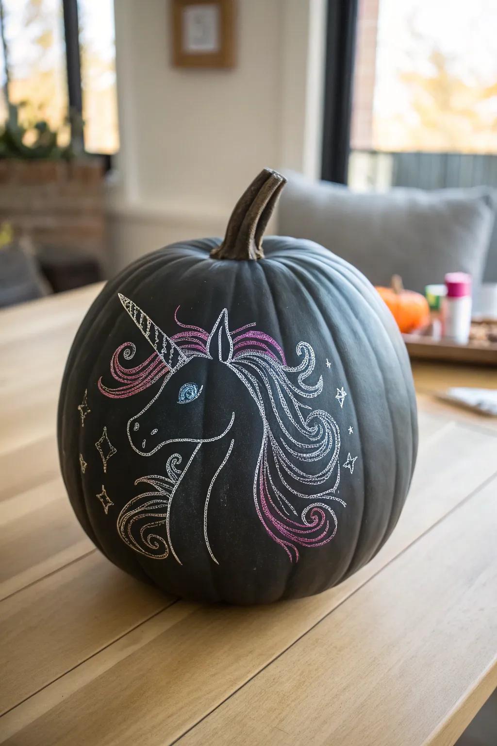 Unleash your ingenuity with a slate equine pumpkin—where each stroke signifies a fresh magical voyage. 🦄🎃 #ScandiBoho #ChalkboardArt #HalloweenElegance