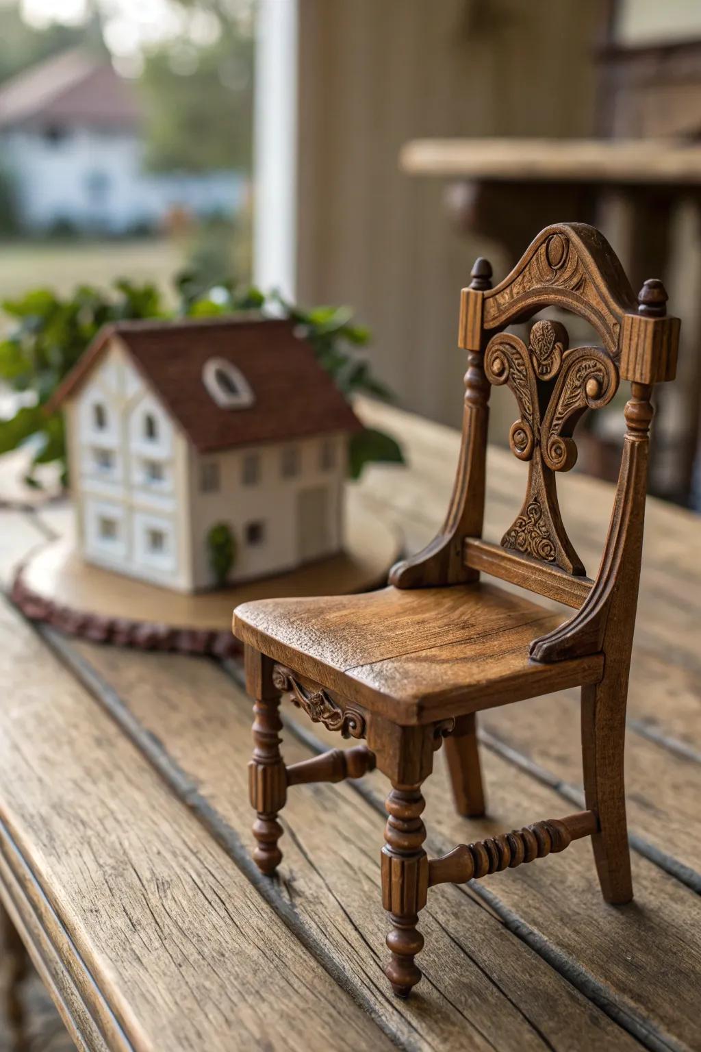 Custom in miniature: A captivating wooden chair impeccable for your dollhouse.