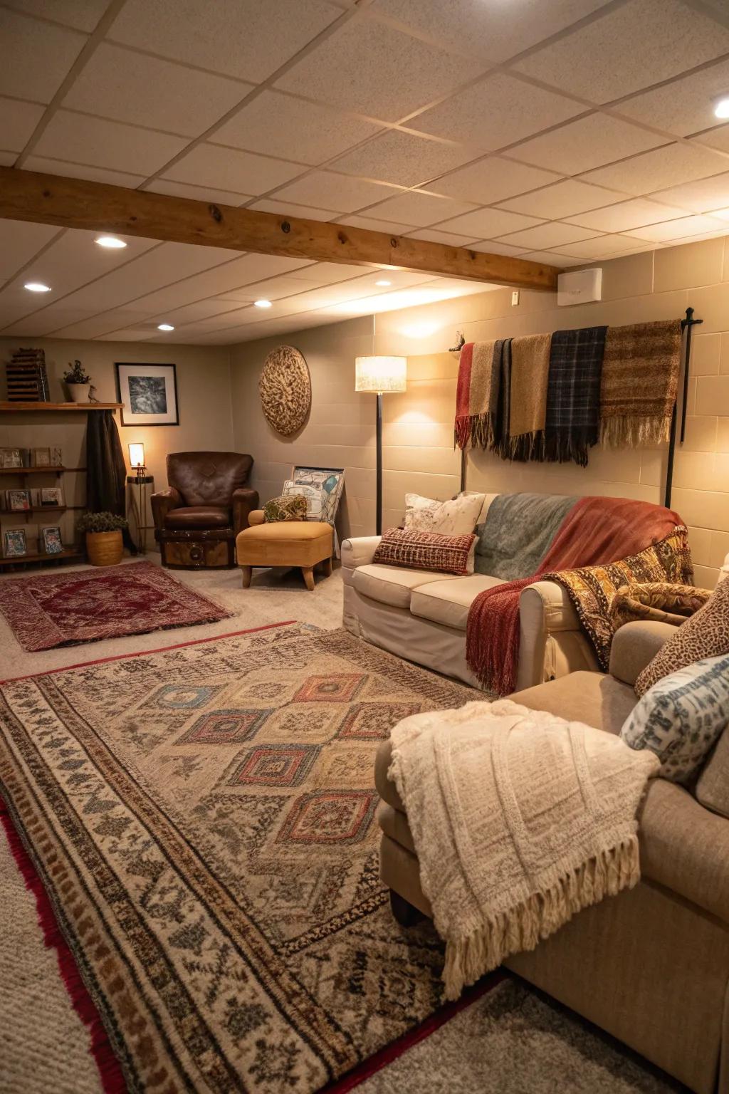 Layered textures contribute warmth and dimension to a basement.