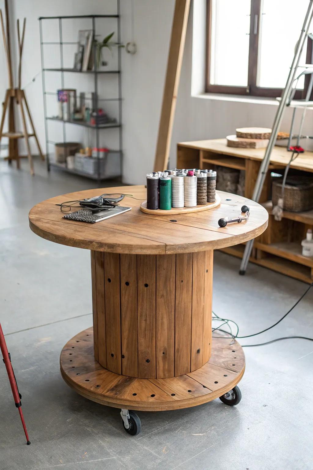 Let your creativity flow with this mobile wire spool craft table.