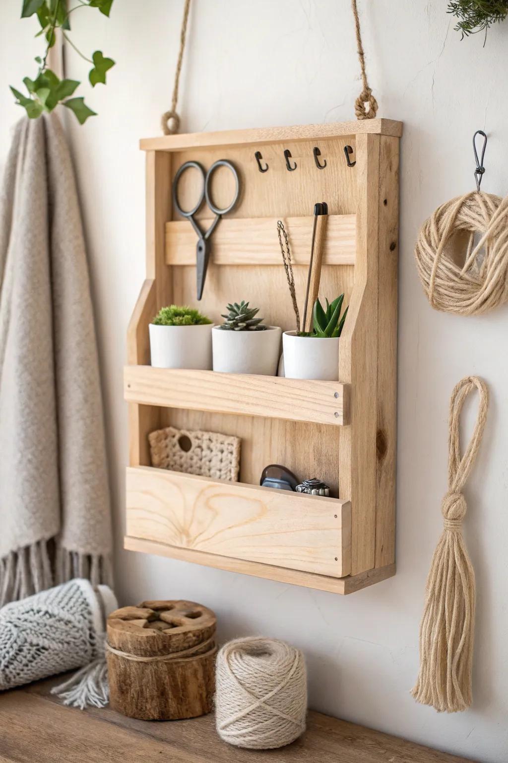 Elevate your space with this elegant wooden wall caddy, where simplicity meets natural beauty.