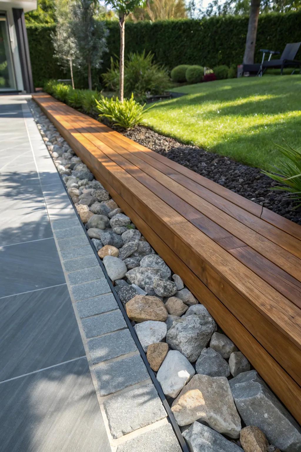 Enhance your garden's allure by harmoniously intermixing wood and stone, establishing a striking and sophisticated perimeter.