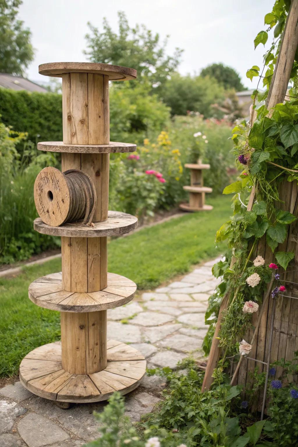 With this environmentally friendly wooden spool sculpture that also functions as a trellis, you can enhance the appeal of your garden.