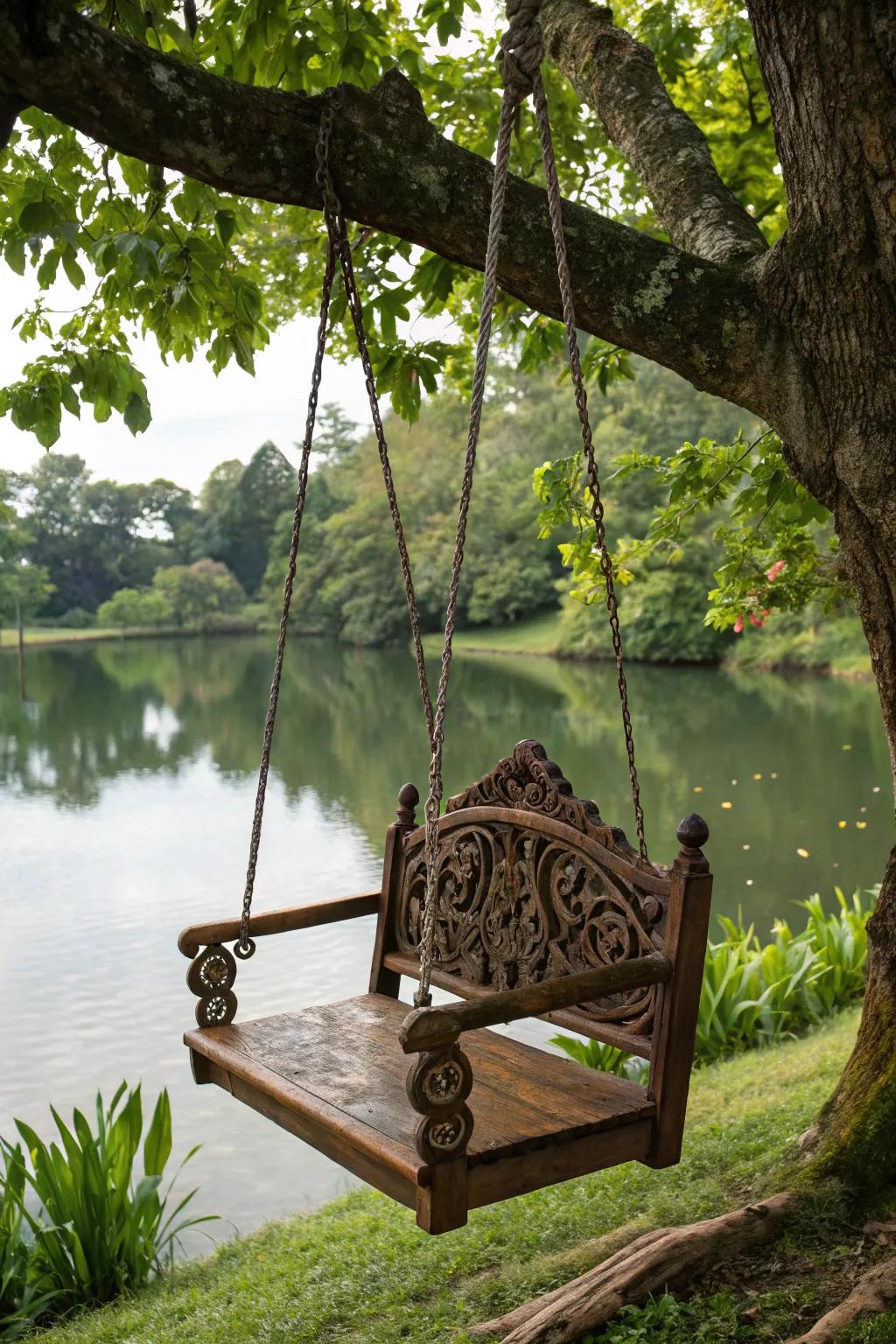Retreat to peace with a waterside swing - your ideal escape by the pond.
