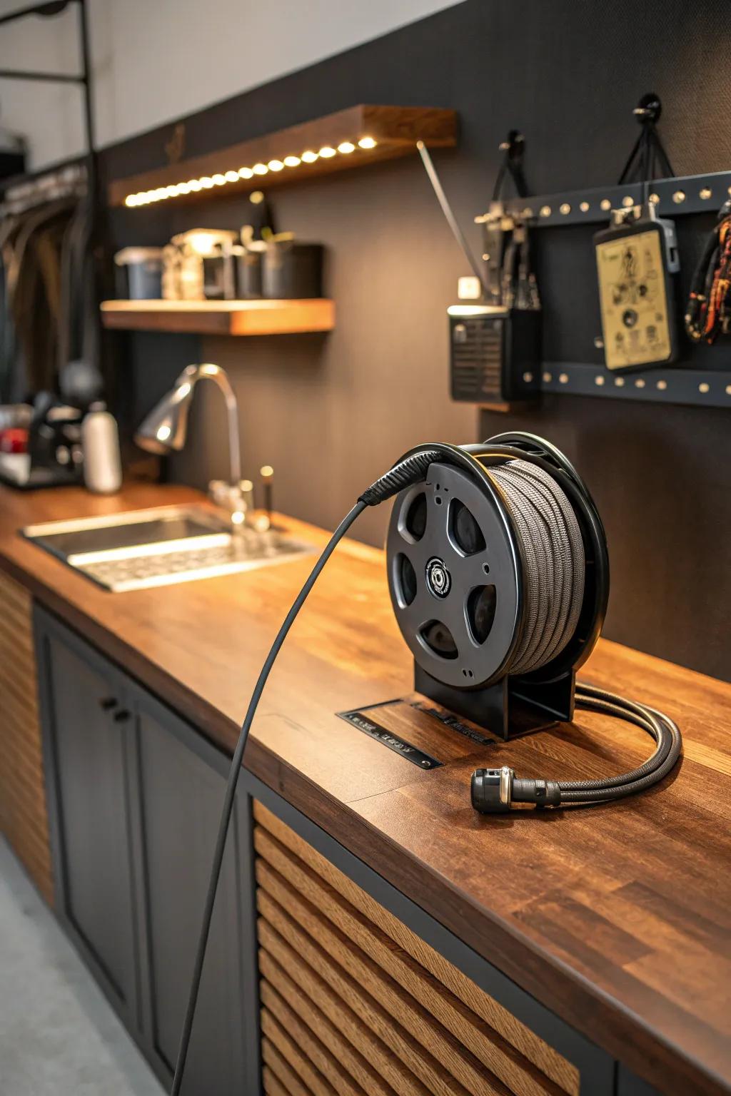Simple power and organization combined with style. Elevate your workshop using a retractable cord reel.